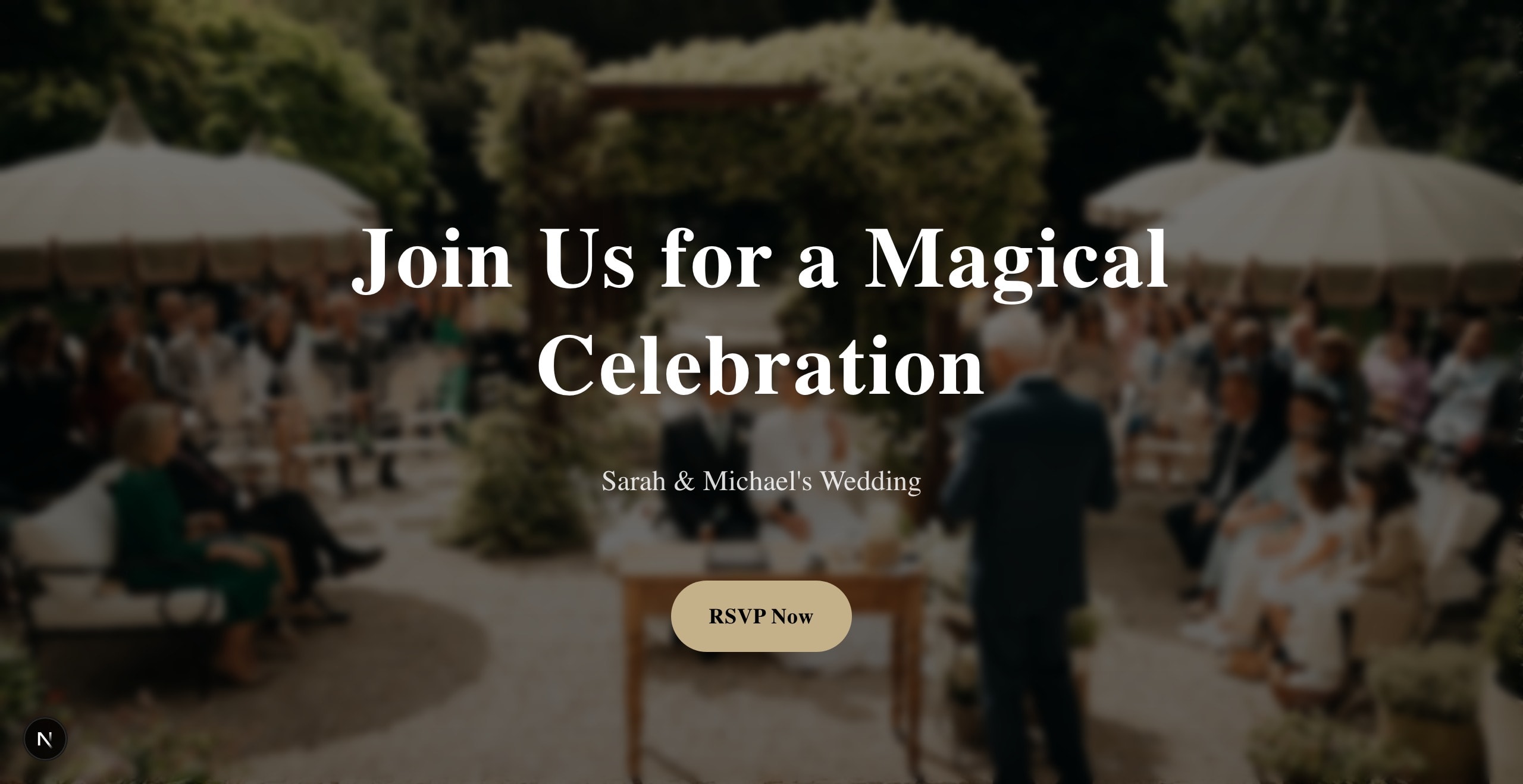 A real, published Eventrar wedding site — a photographic garden-ceremony hero with a gold RSVP button